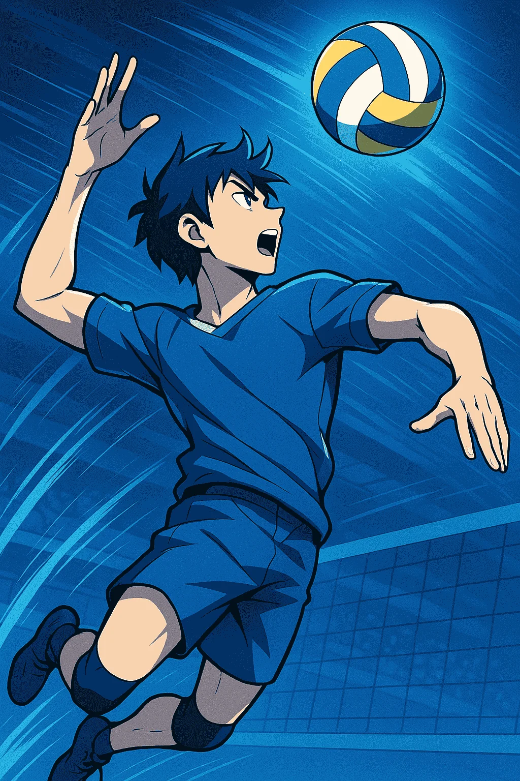 Anime-style 2D illustration of a volleyball player spiking mid-air, inspired by The Spike Mod APK, with dynamic motion lines and a cool blue color palette.